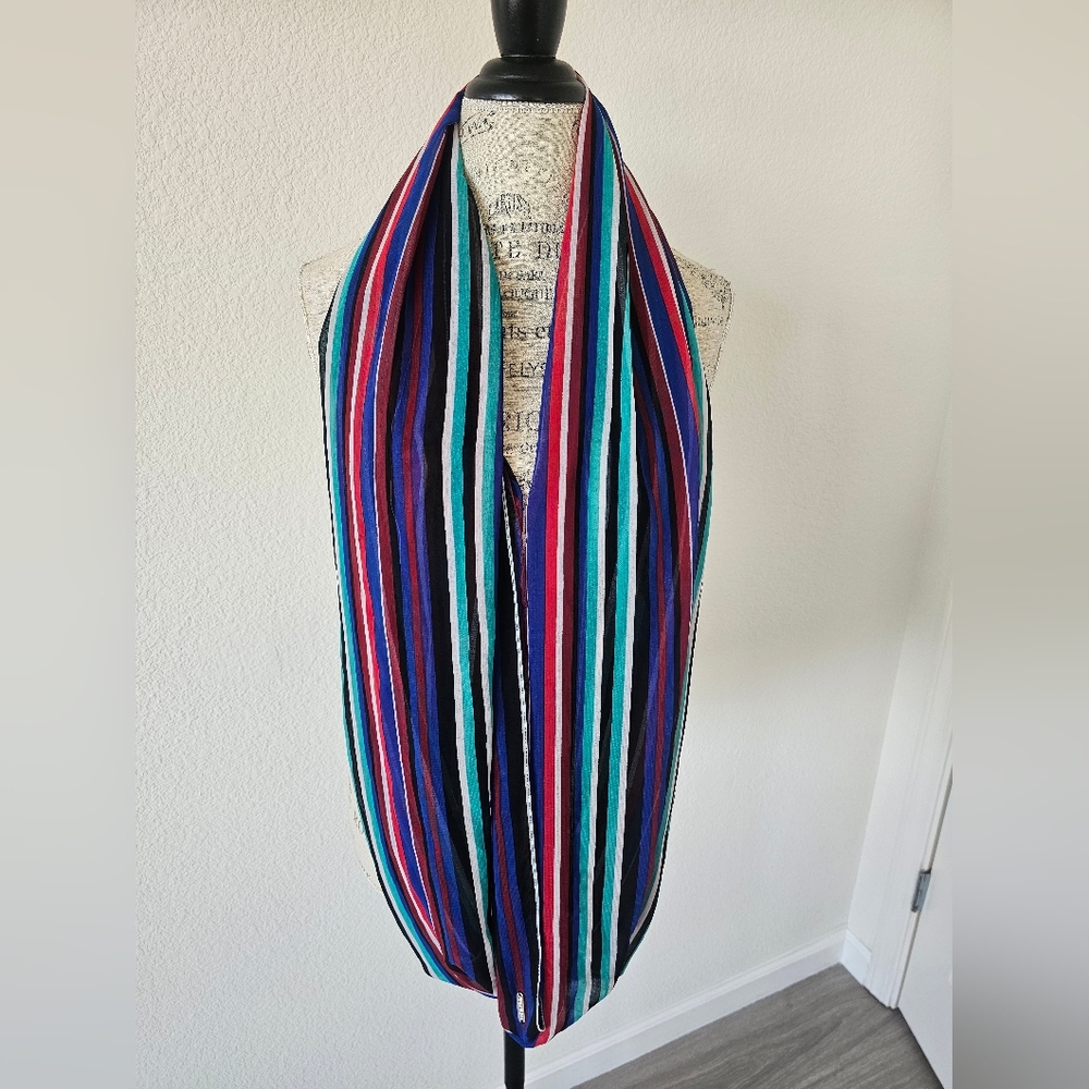Calvin Klein Striped Infinity Scarf Sheer Multi-Color Blue Red Green Logo Bar